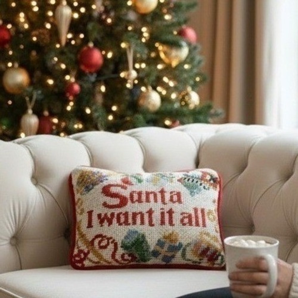 Vintage Needlepoint Christmas Pillow, Santa I Want It All Script, Red Velvet 8"